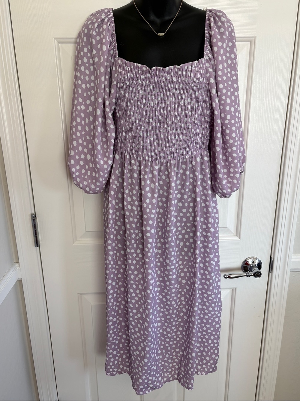 Vine & Love Purple & White Polka Dot Bubble Sleeve Smocked Dress NWT